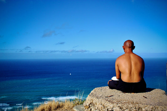 a man sitting on top of a rock next to the ocean