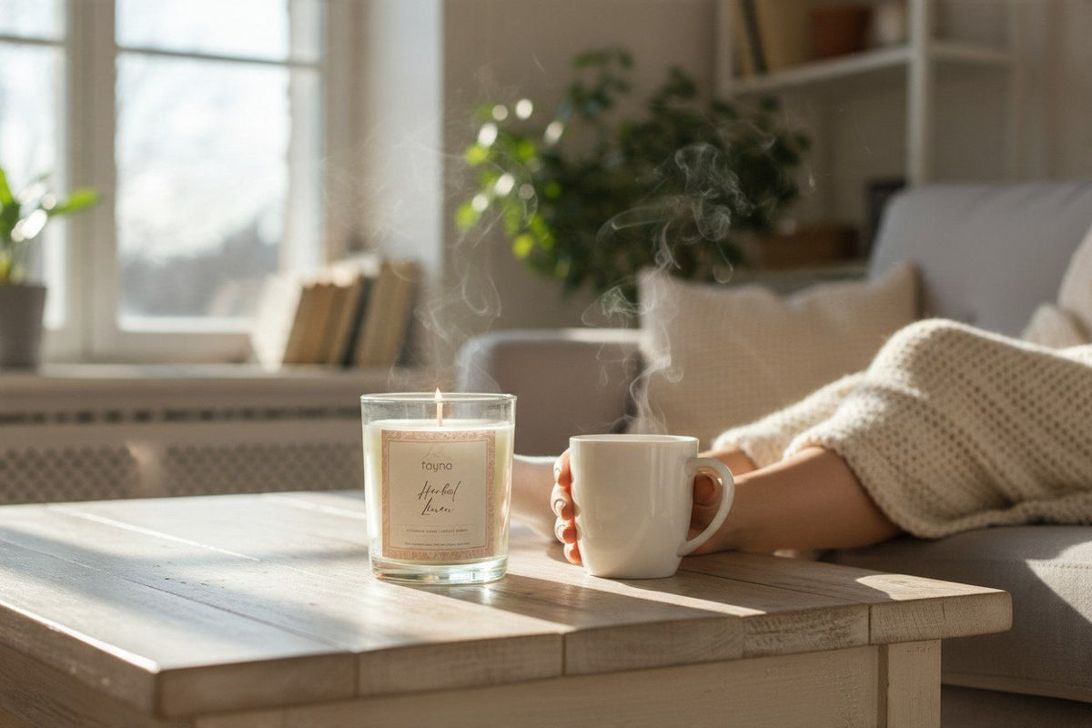 Sviečka Herbal Linen pri šálke čaju